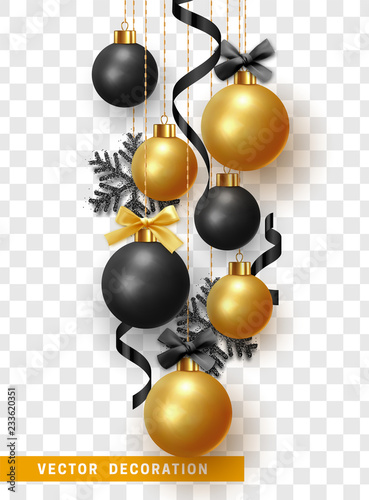 Christmas balls with ribbon and bow. Xmas decorative bauble realistic isolated on transparent background