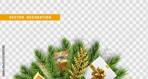 Christmas design. Composition with Xmas decorations. Christmas tree branches with cones, colorful realistic gift boxes. Vector isolated on transparent background.