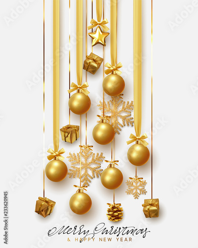Merry Christmas and Happy New Year. Golden christmas balls hanging design on the ribbon, gold gift and bright snowflakes in the shape of pine tree.