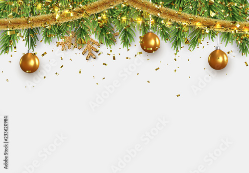 Christmas border with fir branches, string lights garland and gold tinsel, golden balls. Xmas holiday vector illustration.