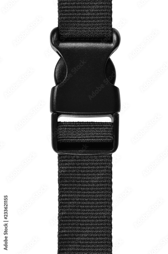 Black side release acculoc buckle plastic clasp, quick nylon belt rope lock  strap, isolated macro closeup, large detailed vertical accessory studio  shot Stock Photo | Adobe Stock