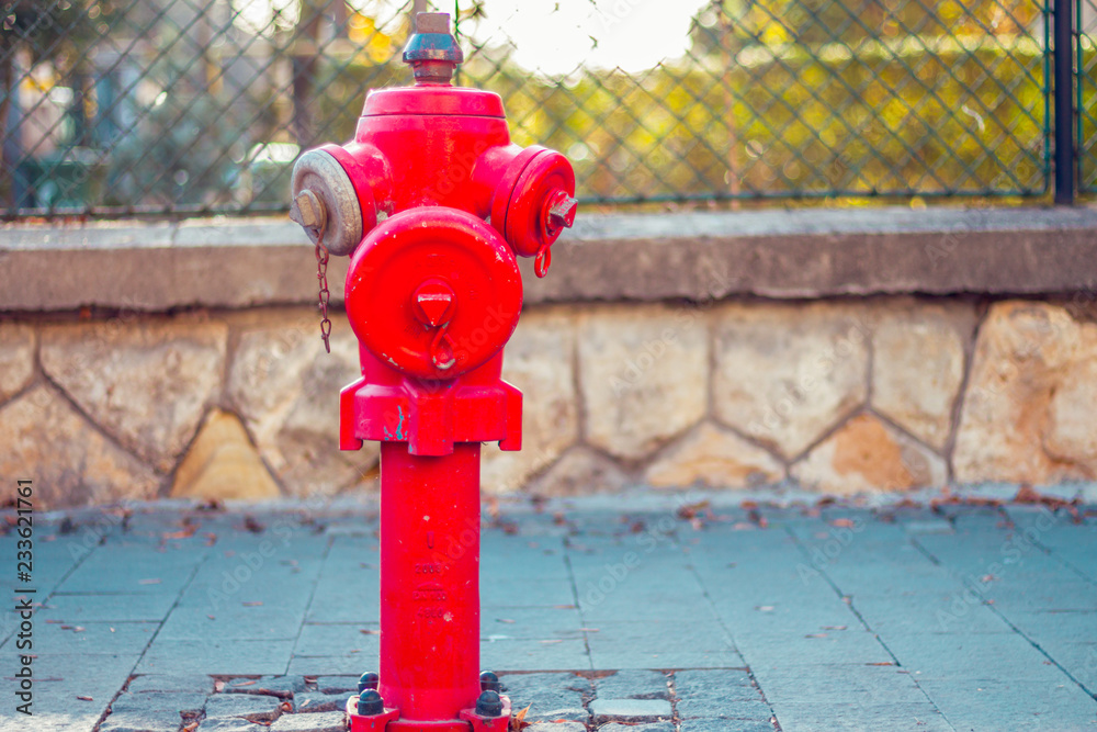 Closeup of a red hydrant placed on a sidewalk in the city. Emergency concept image Closeup of a red hydrant placed on a sidewalk in the city. Emergency concept image