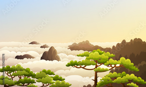 Landscape of china mountains with sea of clouds and green trees. Morning scene with sunrise. Vector illustration.