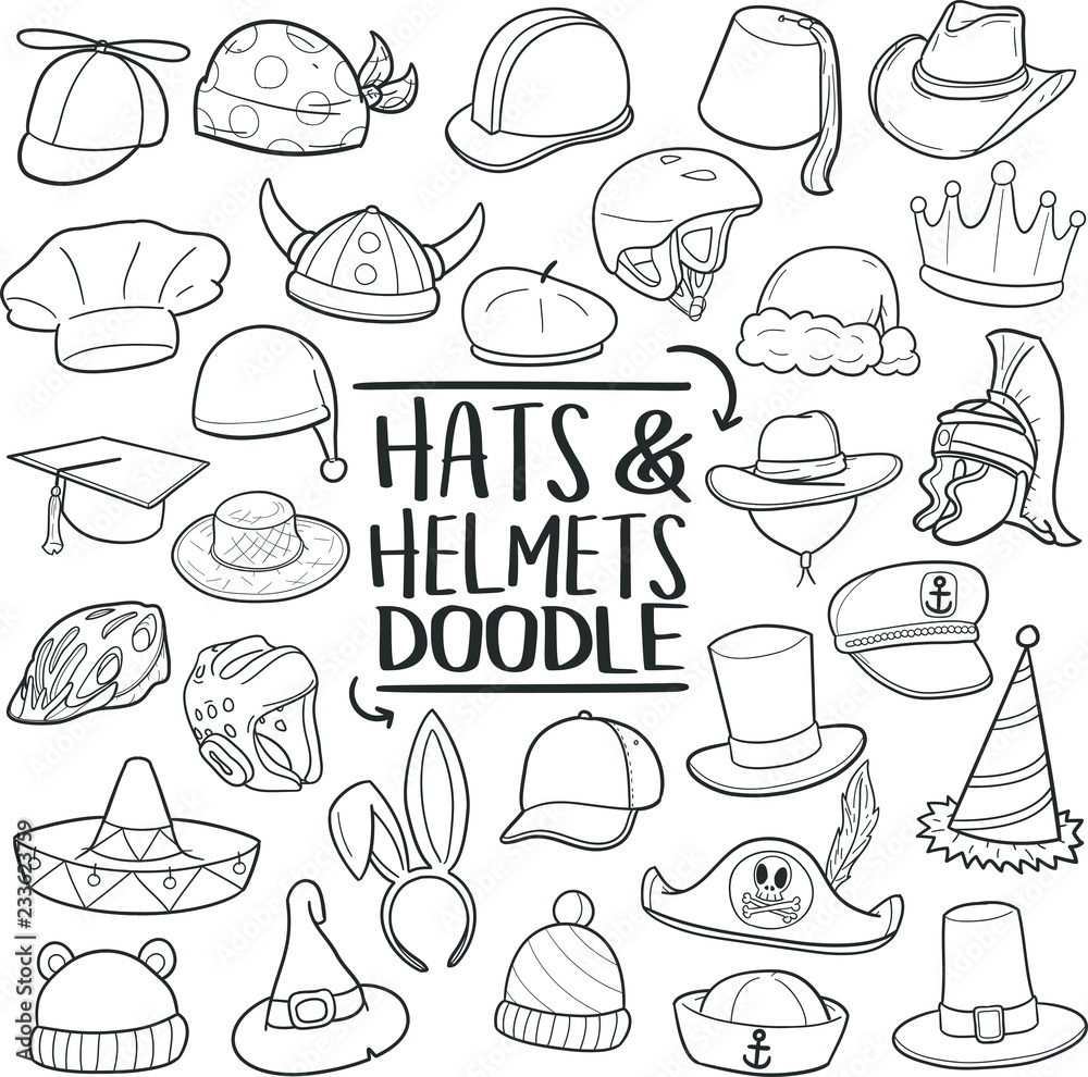 Hats and Helmets Doodle Icon Hand Draw Line Art	