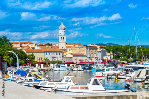 Wonderful romantic summer in old town at Adriatic sea. Summer panoramic coastline landscape. Boats and yachts in harbor. Krk. Krk island. Croatia. Europe.