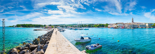 Wonderful romantic summer in old town at Adriatic sea. Summer panoramic coastline landscape. Boats and yachts in harbor. Krk. Krk island. Croatia. Europe.