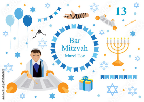 Bar mitzvah set of flat style icons. Collection of elements for congratulation or invitation card, banner, with Jewish boy, menorah, Star of David isolated on white background. vector illustration