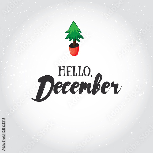 Hello, December! Vector illustrated greeting card template, post card design, invitation, envelopment, poster background with cartoon christmas tree and decorative winter lettering