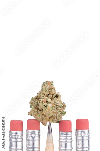 Cannabis bud on the point of a sharp school pencil, isolated on white