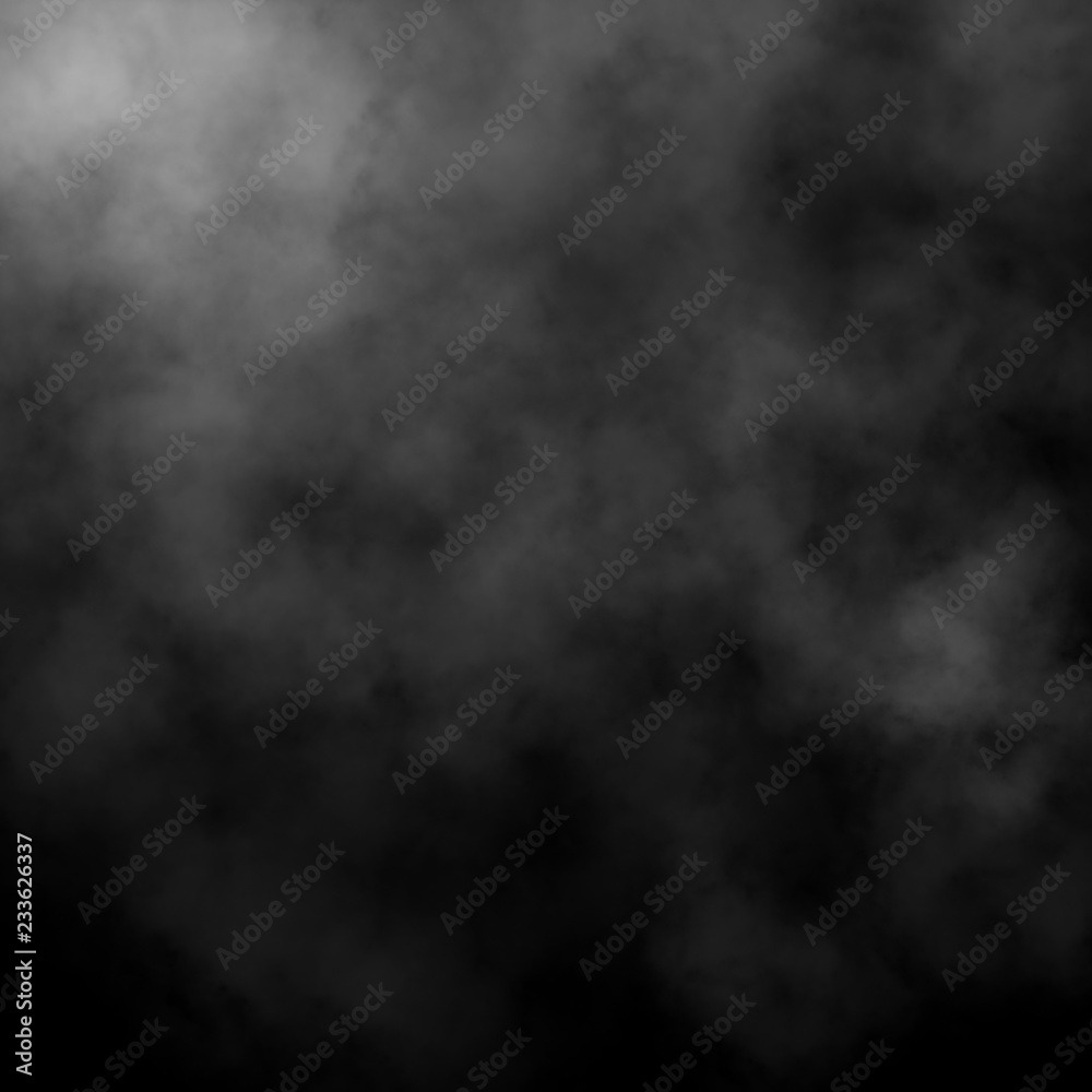 White fog and mist effect on black stage studio showcase room background.