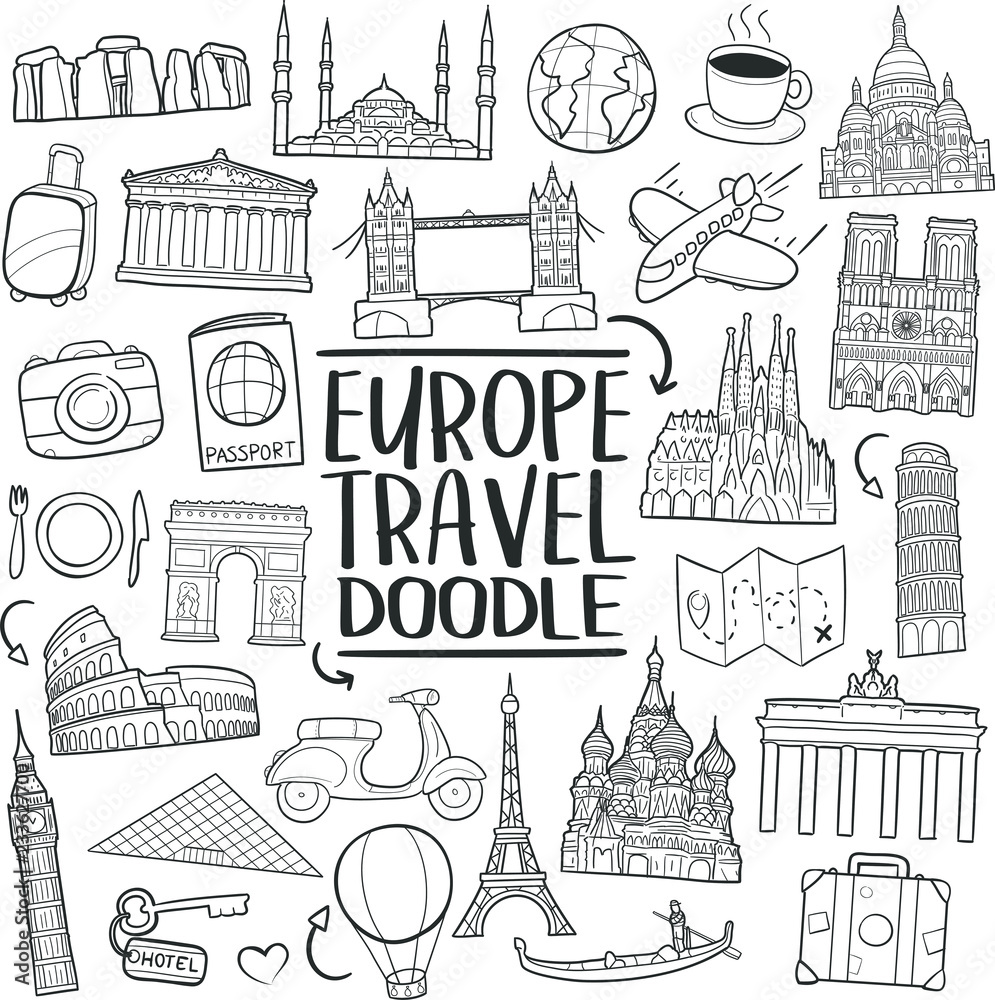 Europe Monuments Tour Traditional Doodle Icons Sketch Hand Made Design Vector