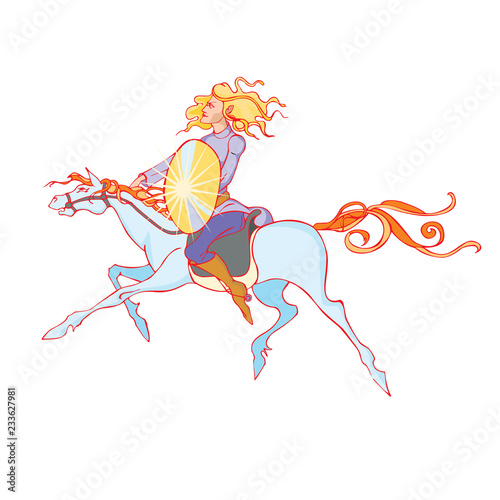 Russian warrior on horseback. Stylized isolated vector color image.