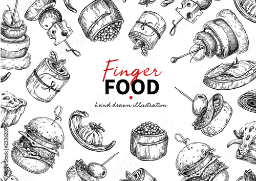 Murais de parede Finger food vector frame drawing. Catering service frame templat