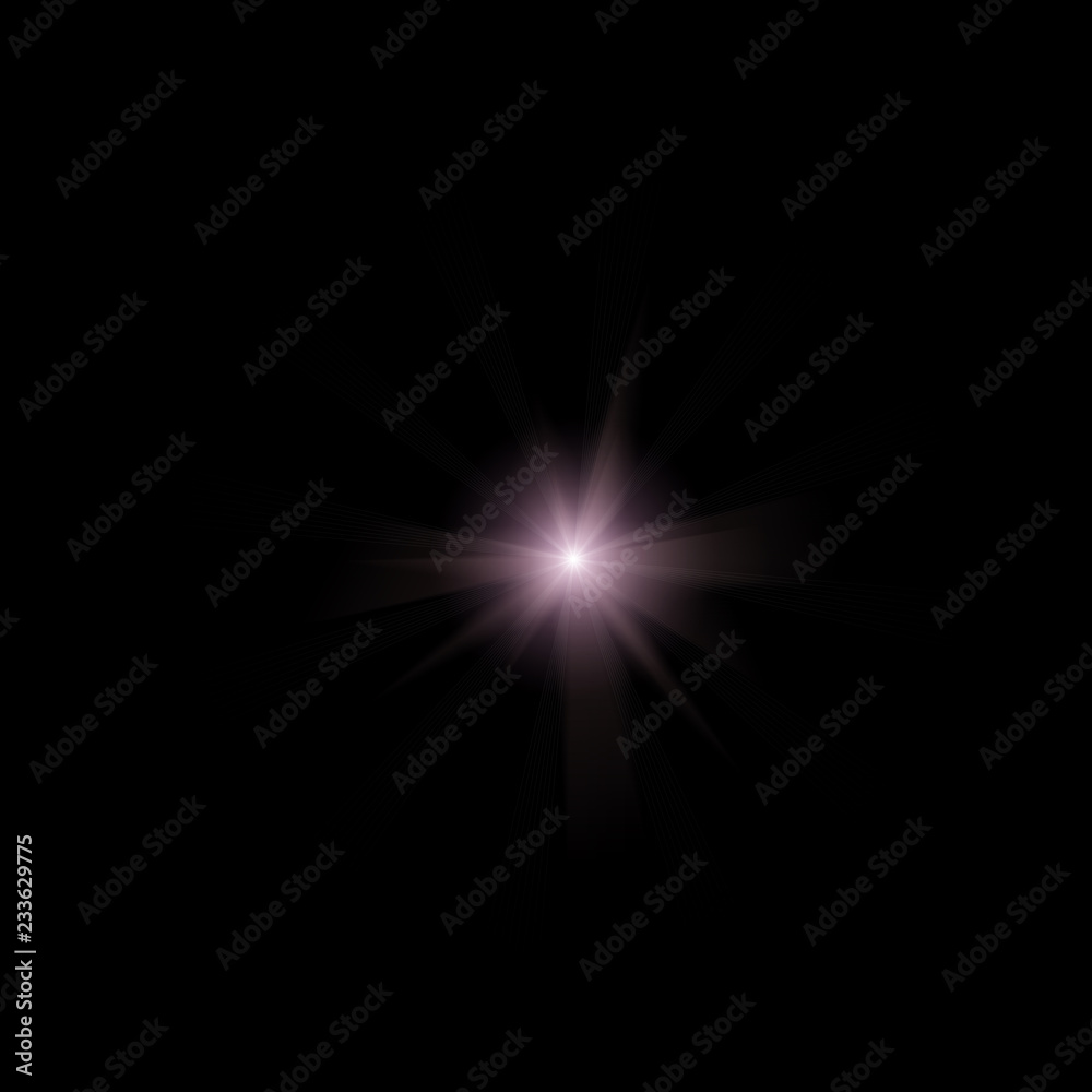 Isolated realistic lens flare visual effect on black night background. Space star. 