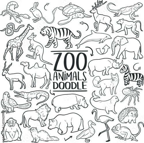 Zoo Wild Animals Traditional Doodle Icons Sketch Hand Made Design Vector