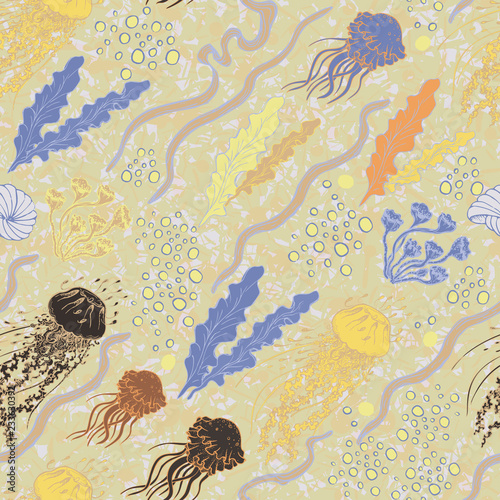Hand drawn seamless vector background with with sea plants, air bubbles and jellyfish.