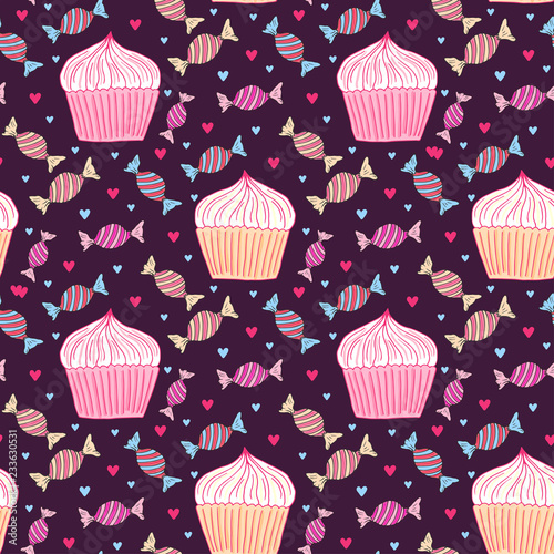 Cupcake seamless pattern. Bakery wrapping paper. Textile print, birthday decor and baby pattern design