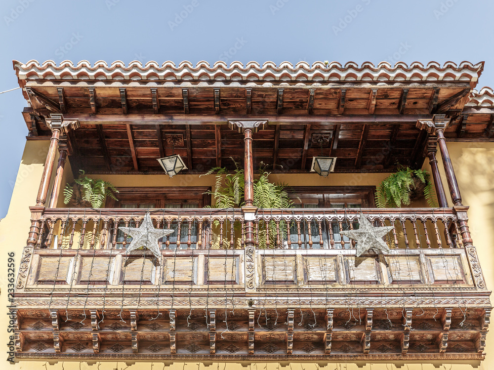 Beautiful balcony decorated with Christmas motifs, in the village of La Orotava, Tenerife