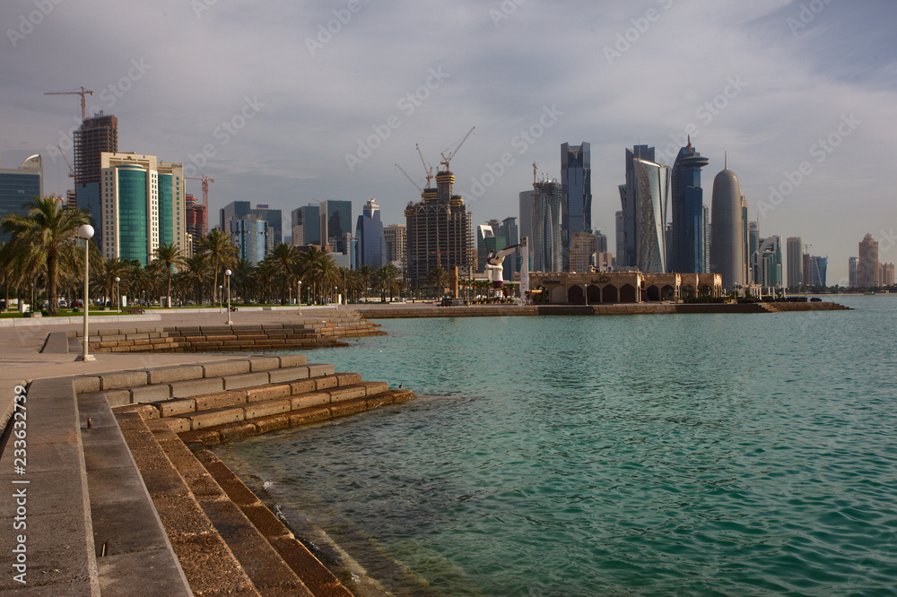 Doha new city skyline from corniche road
