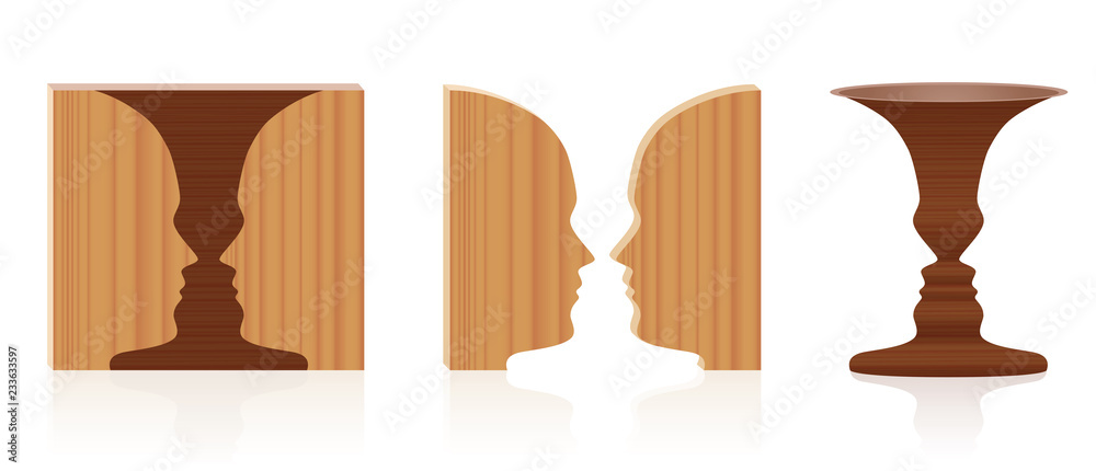 Faces vase optical illusion. Wooden textured 3d figure-ground perception.  In psychology known as identifying figure from background. Vector  illustration over white. vector de Stock | Adobe Stock