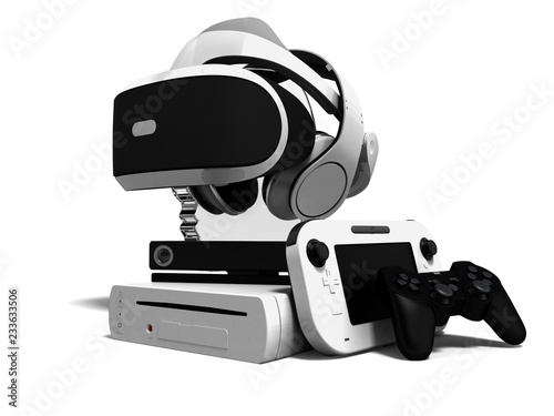 Concept game consoles goggles for reality reality headphones gaming joysticks and cost effective gaming console 3d render on white background with shadow