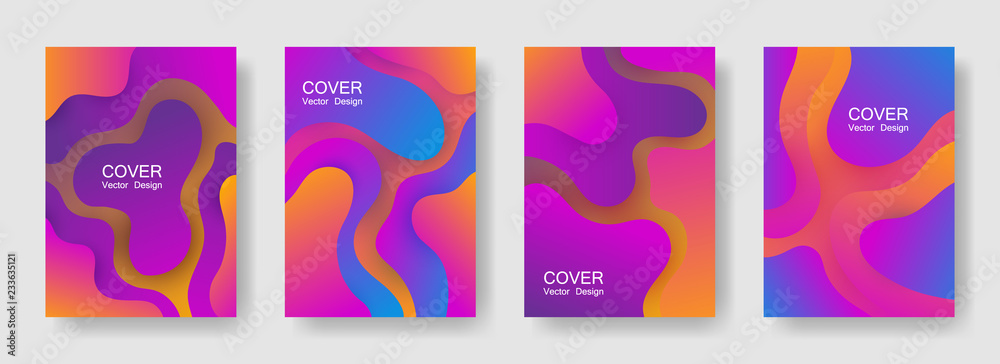 Gradient fluid shapes abstract covers vector collection. Cool banner backgrounds design. Organic bubble fluid splash shapes, oil drop molecular mixture concept backdrop. Cover pages.