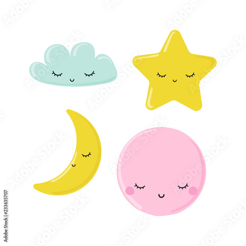 Set of cute moon, star and cloud. Kids pastel graphic. Vector hand drawn illustration.