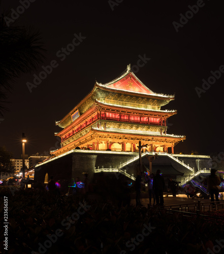 Illuminated Bell tower in Xian, China at night