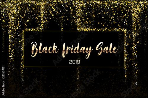 Black Friday Sale Gold glitter confetti texture on a black background. Golden Christmas banner. Gold colorful grainy dust abstract texture on a black background. Christmas background design element.