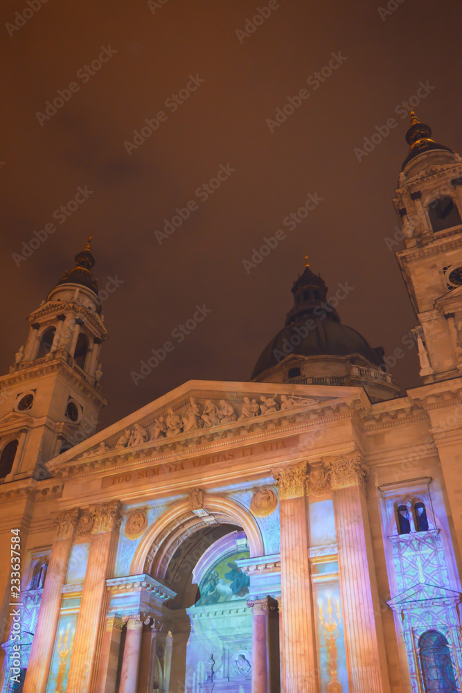 Christmas light show on St. Stephen's Basilica building in Budapest on January 1, 2018.