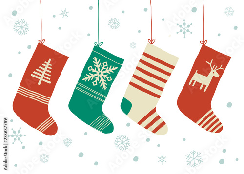 Christmas stockings vector background. Cartoon vector hand drawn eps 10 illustration isolated on white background in a flat style.