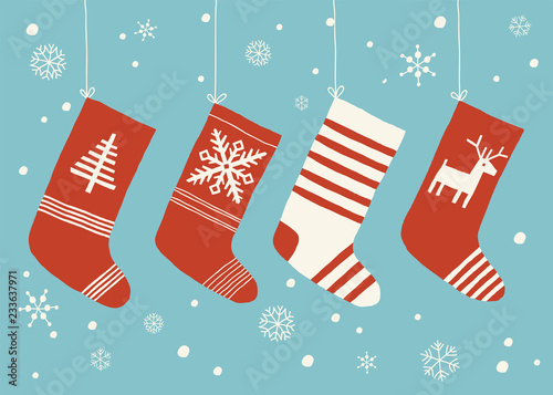 Holiday stockings. Christmas stockings vector set isolated from background. Various traditional colorful and ornate holiday stockings or socks collection. Cartoon New Year design illustrations.