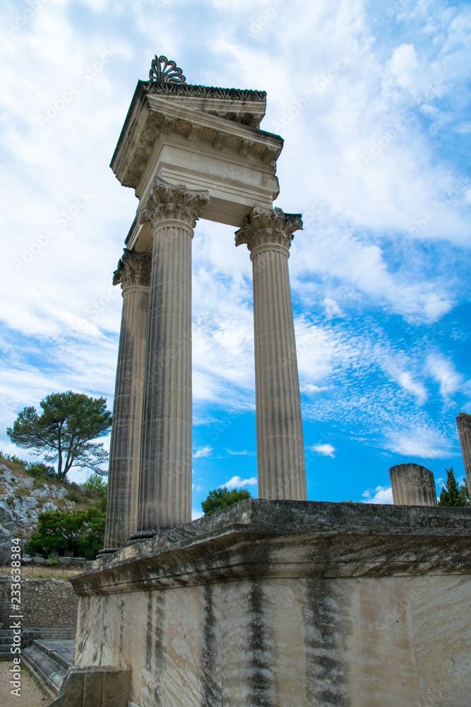 Temple ruins in the forum area of the Roman archaological site of Glanum near St. Remy De Provence, France