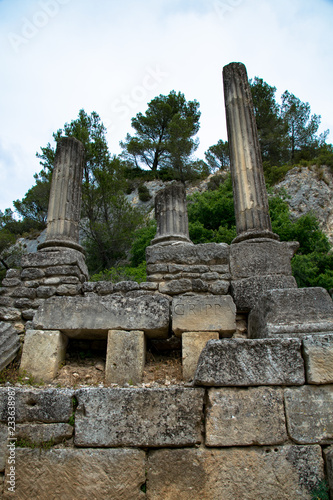 Temple ruins in the forum area of the Roman archaological site of Glaum near St. Remy De Provence, France
