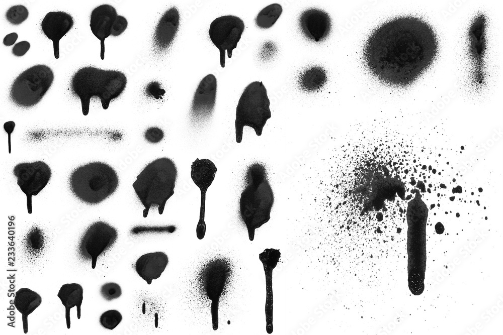 Fototapeta premium Realistic grunge graffiti spray paint effect on the white wall background. Isolated black ink texture.