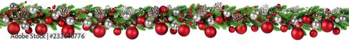 Christmas Border - Red And Silver Ball Hanging In Fir Garland
