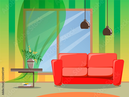 Bright design of the room with a sofa, two lamps and a table with flowers in a vase. Flat style illustration