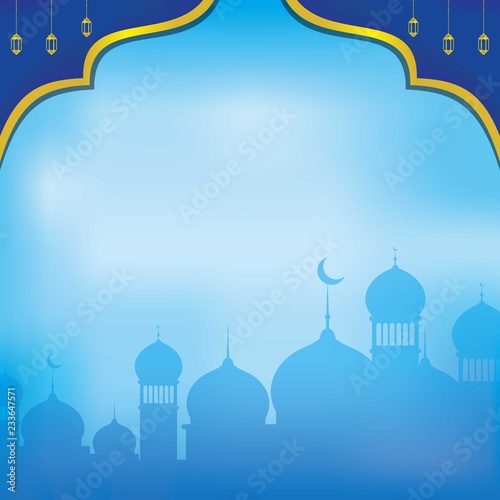 Blue islamic background with mosque silhouette