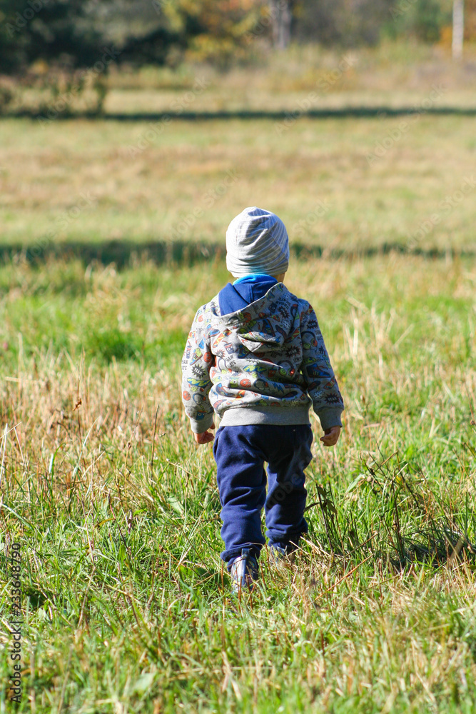 The child is walking on the meadow. A boy in a hat standing with his back to the camera goes on a meadow. The child is walking on the meadow. A boy in a hat standing with his back to the camera goes on a meadow.