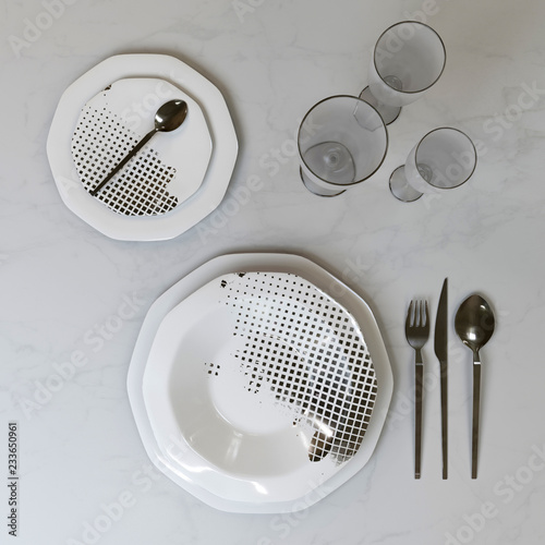 A beautiful set of dishes with a silver pattern. Plates, glasses, spoons, fork, knife on the table. 3D illustration.