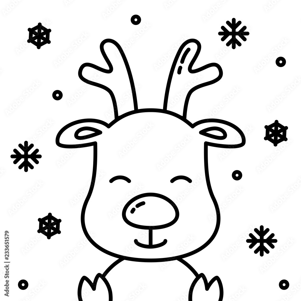 Cute christmas reindeer black outline with snow simple ...