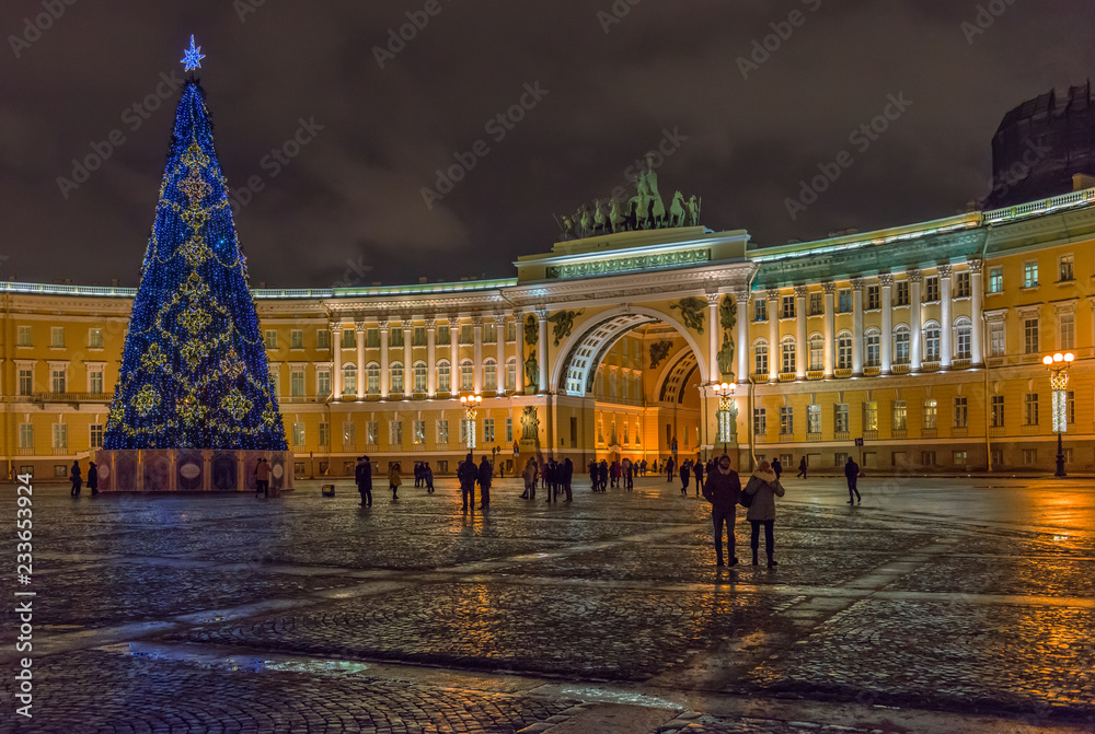 Obraz premium Saint Petersburg, Russia - December 15, 2017: Christmas Tree on Palace square at night