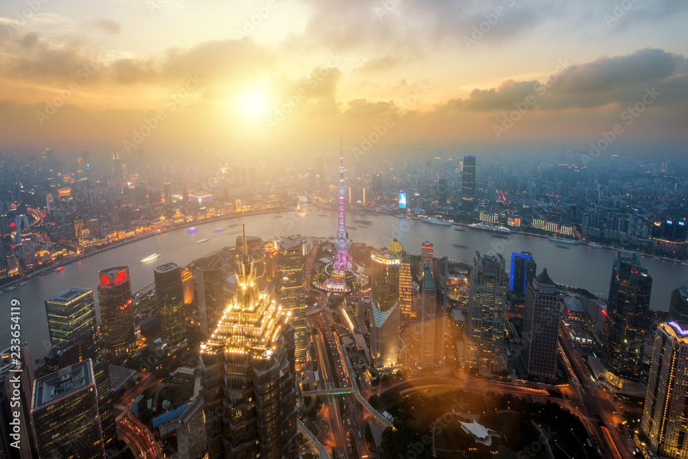 Naklejka premium Shanghai skyline city scape, Shanghai luajiazui finance and business district trade zone skyline, Shanghai China. Asia. Day to Night.