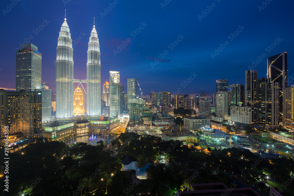 Kuala Lumpur skyline and skyscraper at night in Kuala Lumpur, Malaysia.