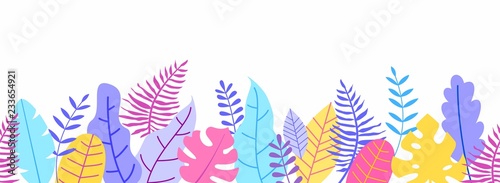 Seamless border with tropical leaves in trende colors.