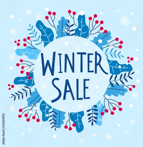 Winter sale banner. Wreath with red berries for christmas and New Year card design