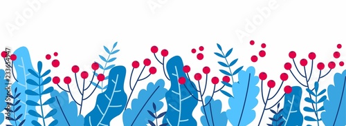 Seamless border with winter leaves and red berries