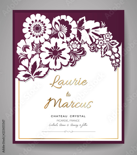 Wedding Floral Invitation. Template for laser cutting. Vector illustration.