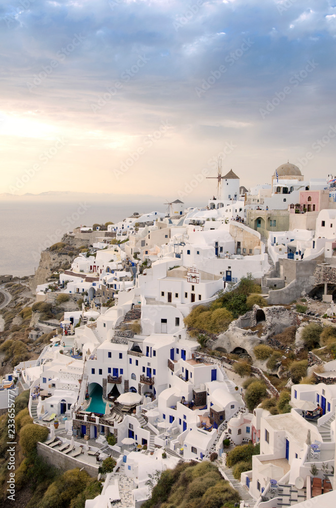 Fototapeta premium High angle view of Santorini against cloudy sky
