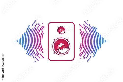 Red music speaker and loudsound waves isolated logo vector illustration. Logotype of sound power on white background